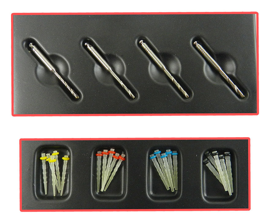 LD Dental Disposables fiber posts and drills kit with 20 posts and 4 drills for dental restorative procedures.