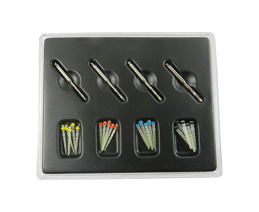 LD Dental Disposables fiber posts and drills kit, includes 20 fiber posts and 4 drills for dental restorative procedures.