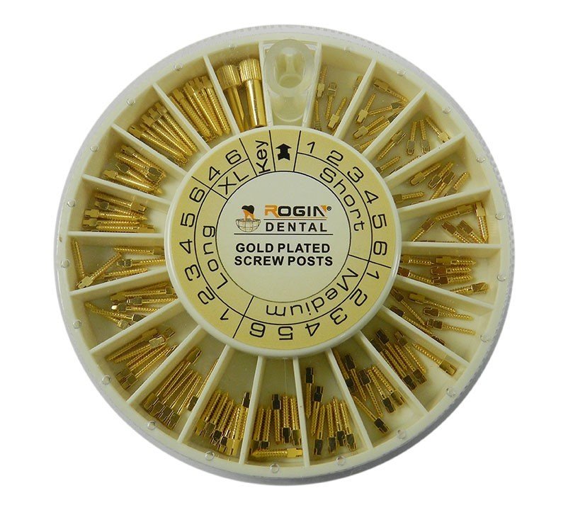 LD Gold Plated Screw Posts for fiber post restorations, showcasing the dental screw posts and drill tips.