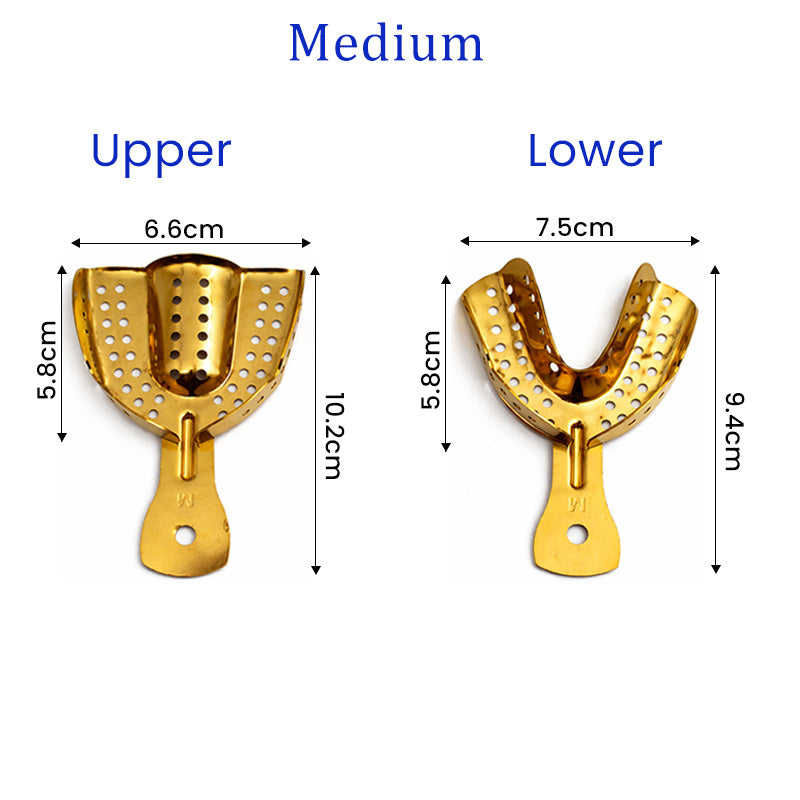 Gold-plated LD Dental Impression Trays for upper and lower teeth, durable stainless steel, used for dental impressions.
