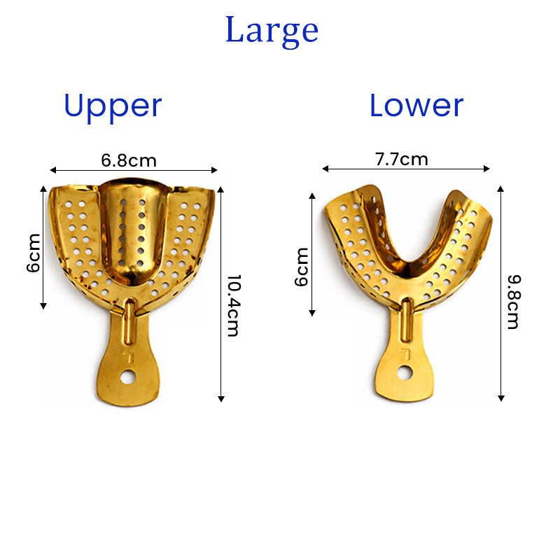 Pair of LD Gold Plated Impression Trays for upper and lower dental impressions, made of durable materials, by LD Dental Disposables.