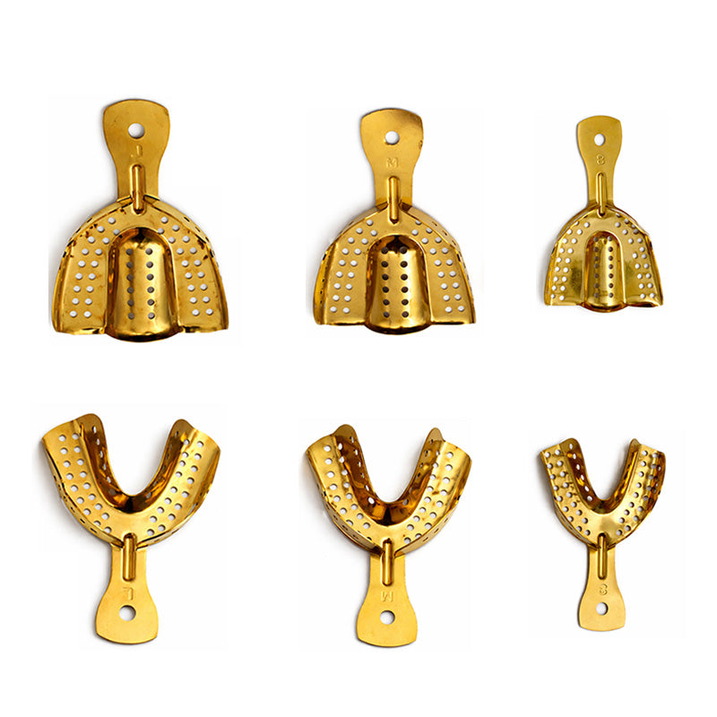 Pair of LD Dental Disposables gold-plated impression trays for upper and lower dental impressions, made of durable materials.