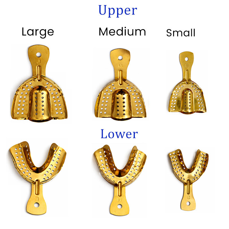 Pair of LD Dental Disposables gold plated impression trays for upper and lower dental impressions, durable and professional.