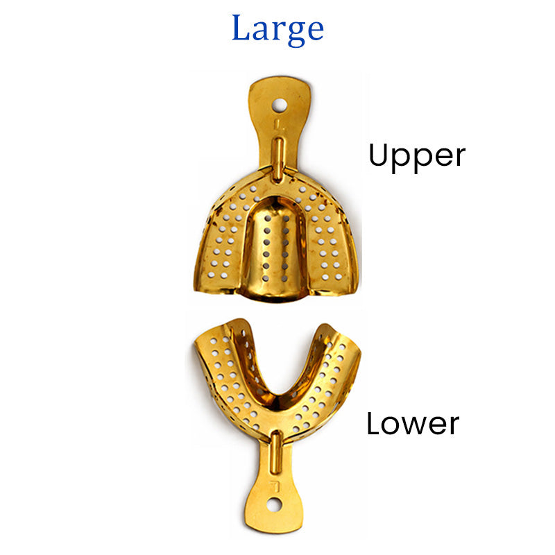 Pair of LD Dental Disposables LD SS Gold Plated Impression Trays for upper and lower dental impressions.