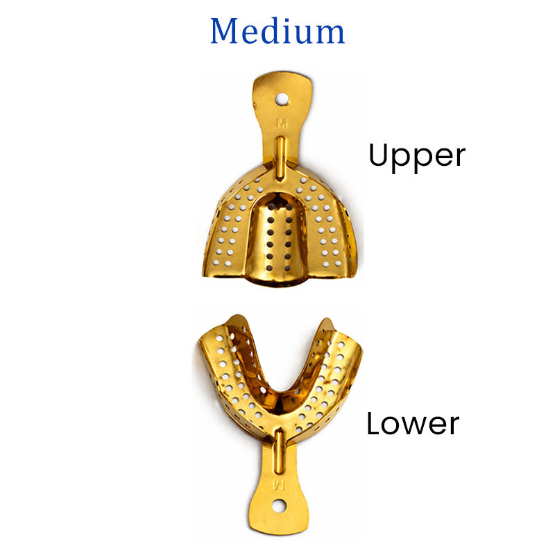 Pair of LD Dental Disposables gold plated impression trays for upper and lower dental impressions, durable and precise.