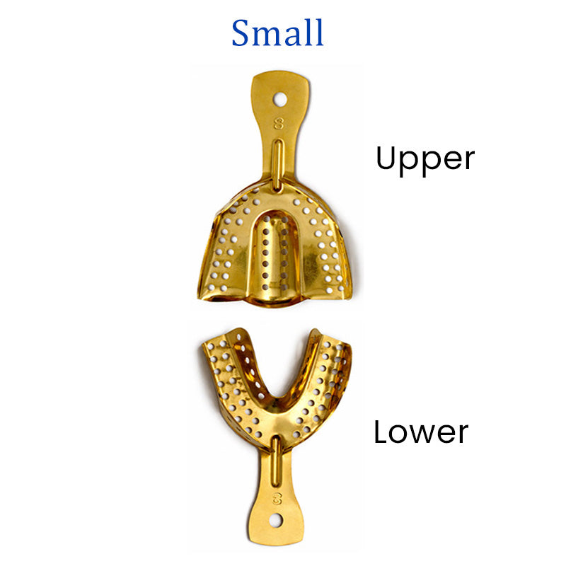 Pair of LD Dental Disposables gold-plated impression trays for upper and lower dental impressions, made of durable materials.