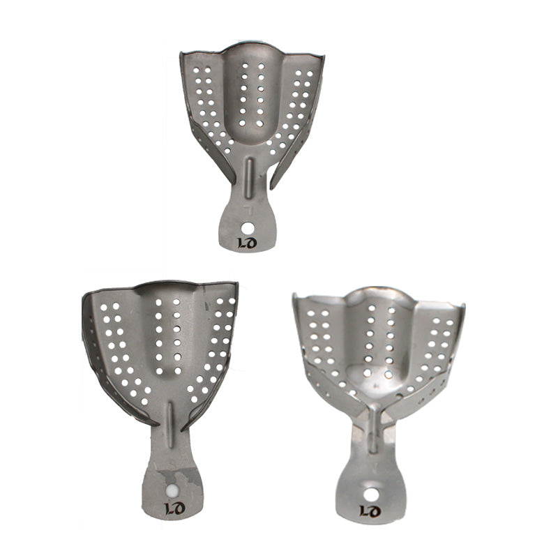 Set of three LD Dental Disposables SS Rim Lock Dental Impression Trays with matte finish for accurate dental impressions.