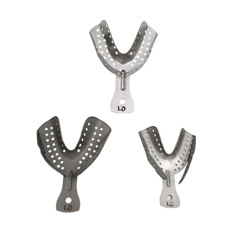 Set of three LD SS Rim Lock Dental Impression Trays with matte finish, ideal for dental impression material use.