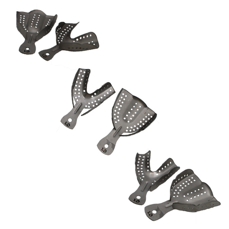 Set of three LD Dental Disposables SS Rim Lock Dental Impression Trays with matte finish for dental impressions and impression materials.