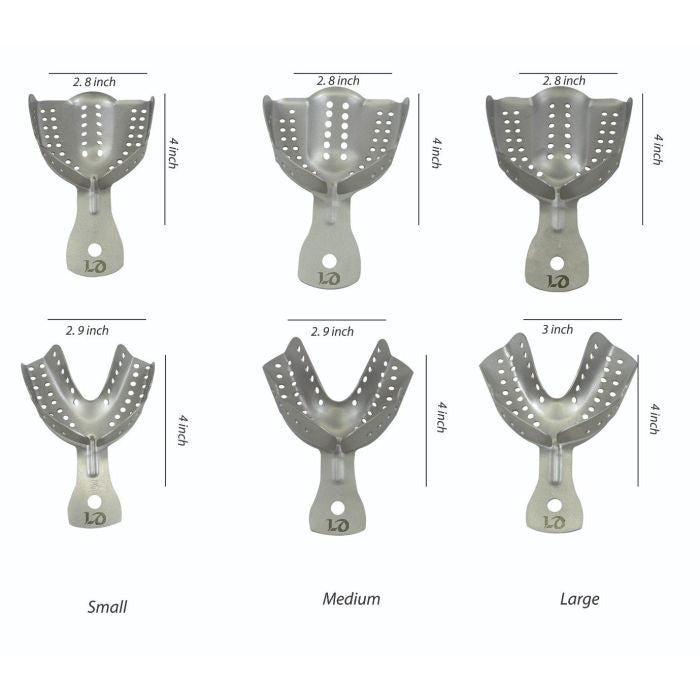 Pair of LD SS Perforated Impression Trays for dental impressions, made by LD Dental Disposables, shown in the image.