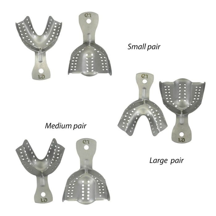 Pair of LD SS Perforated Impression Trays for dental impressions, made by LD Dental Disposables.