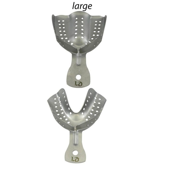 Pair of LD SS perforated impression trays used for dental impressions, made by LD Dental Disposables.