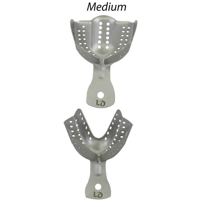 Pair of LD SS Perforated Impression Trays for dental impressions, made by LD Dental Disposables, shown in size small.