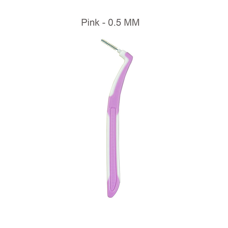 Pink LD L-shape interdental brush by Dental Disposables, 0.5mm, pack of 5, designed for cleaning between teeth.