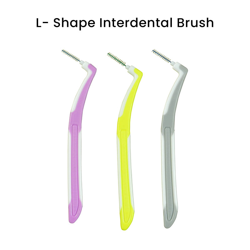 Pink LD L Shape Interdental Brush in a 5-pack, designed for effective cleaning between teeth and around dental appliances.