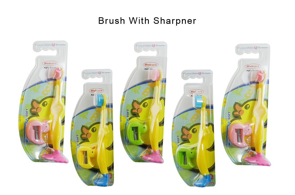Set of five LD Kids manual toothbrushes with colorful handles and built-in sharpeners, designed for children’s dental hygiene.
