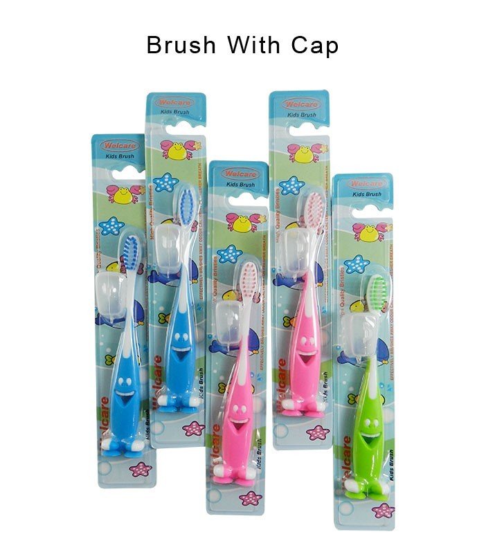 Set of five LD Kids manual toothbrushes with colorful handles and built-in sharpeners for children’s dental hygiene.
