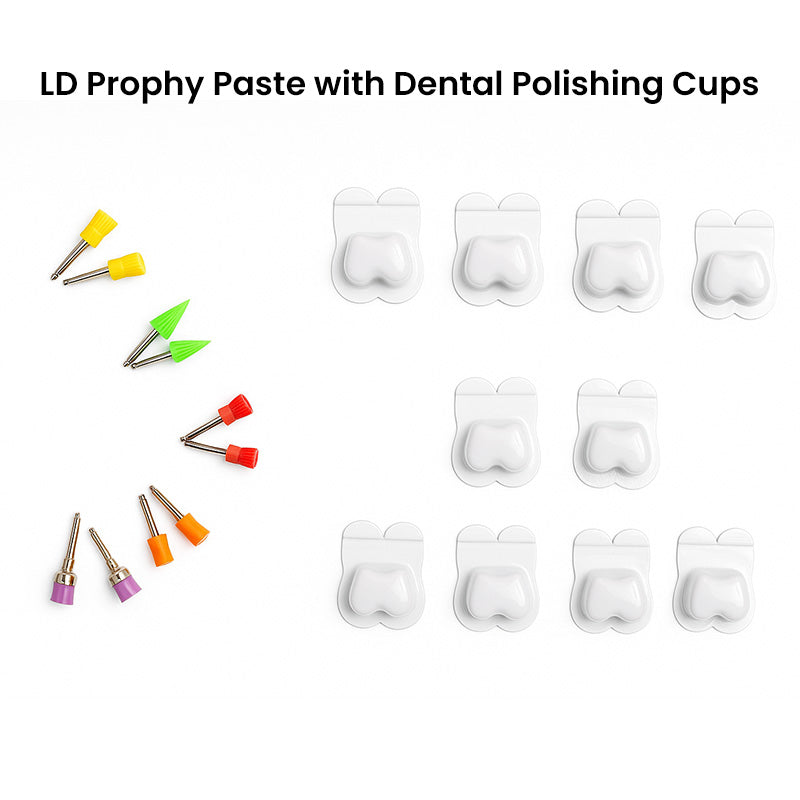 LD Prophy Paste with Dental Polishing Cups for preventive dentistry, shown with paste tube and polishing cups in use