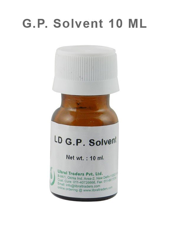 LD Dental Disposables LD G.P. Solvent 10 ml for root canal procedures, shown in the image with a small transparent bottle.