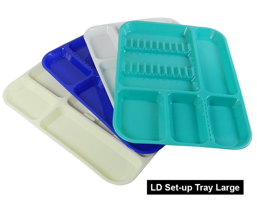LD Dental Disposables kidney setup tray, single-piece dental setup tray with compartments for dental tools and disposables.