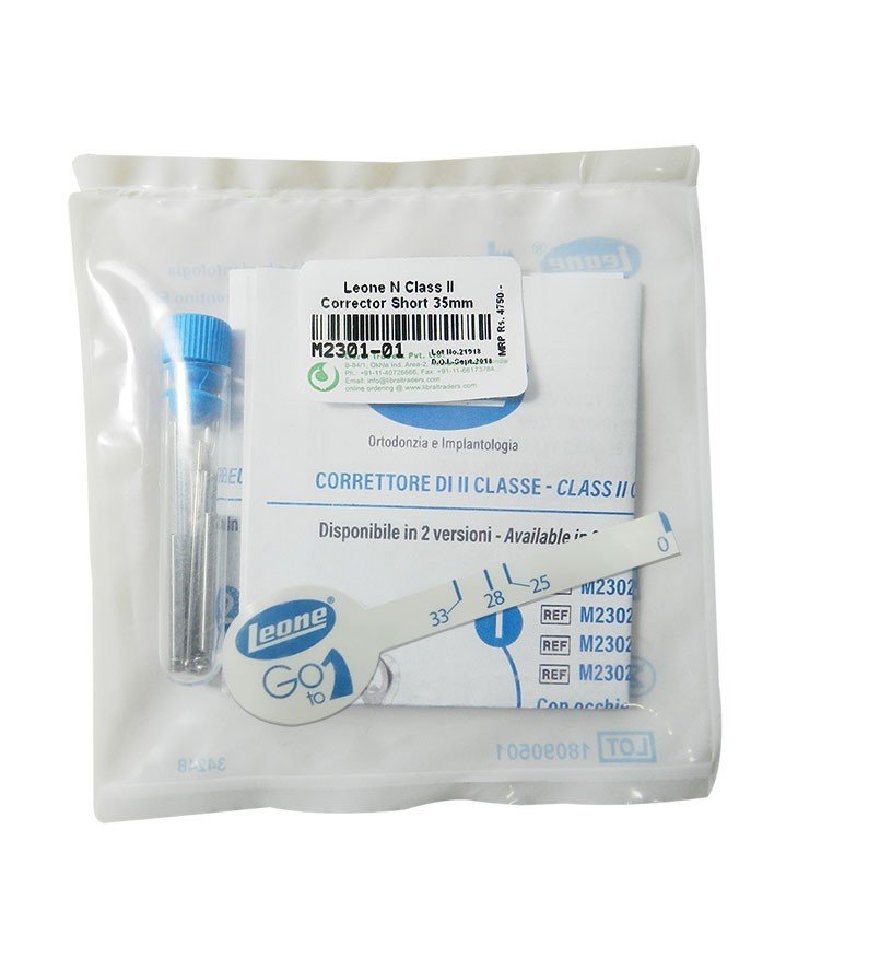 Leone N Class II Corrector with anterior eyelet, 35mm, for orthodontic treatment, Leone s.p.a. dental appliance, pair of correction devices