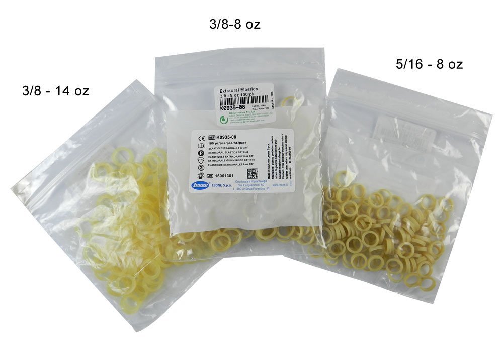 Leone Extraoral Elastics size 1/4-8 oz, orthodontic elastics for dental use, shown in clear packaging.