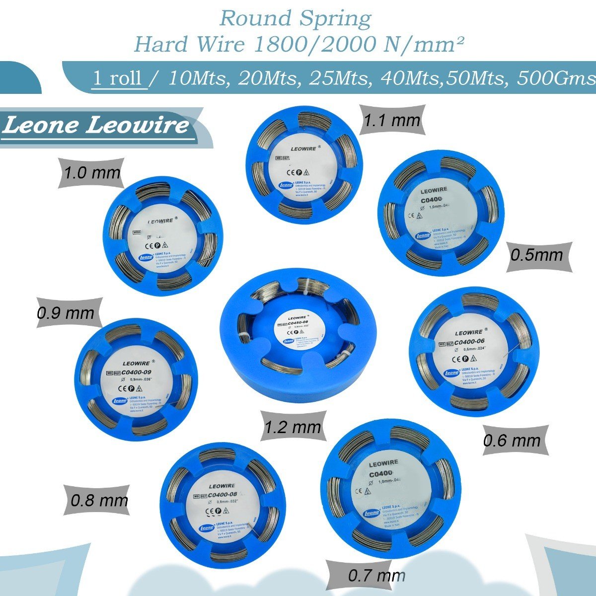 Leone S.p.a Leowire Round Spring Hard Wire, 0.5mm, 50m, laboratory wire, high tensile strength 1800/2000 N/mm², for industrial use