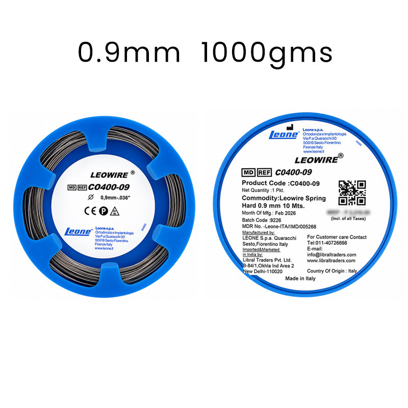 Leone s.p.a laboratory Leowire round spring hard wire, 0.5mm diameter, 50 meters, tensile strength 1800/2000 N/mm², used in lab applications.
