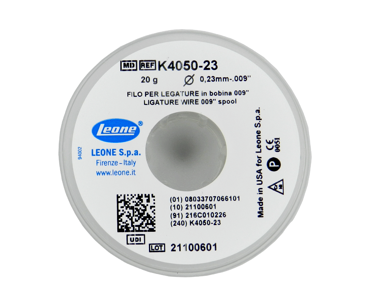 Leone s.p.a Ligature Wire 20 Gms spool with forms, used in orthodontics for securing braces and dental appliances.