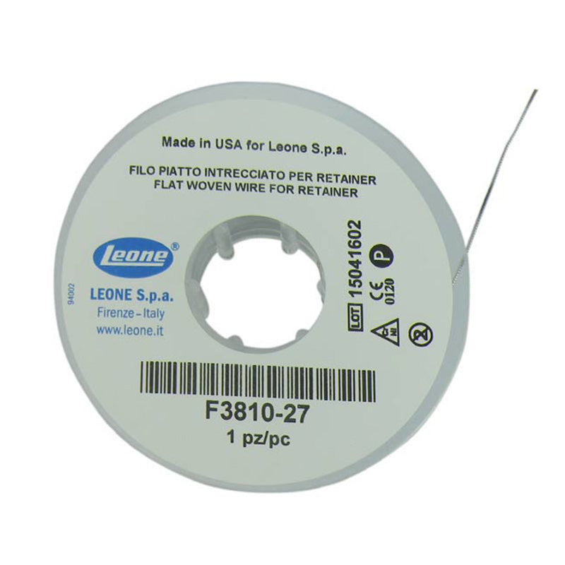 Leone flat woven wire for lingual retainer, designed for secure dental retention, shown on a dental model.