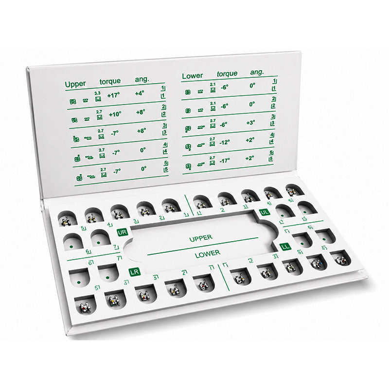Leone Roth MBT Midi and Mini Orthodontic Metal Brackets kit with 20 high-precision dental brackets on a white background.