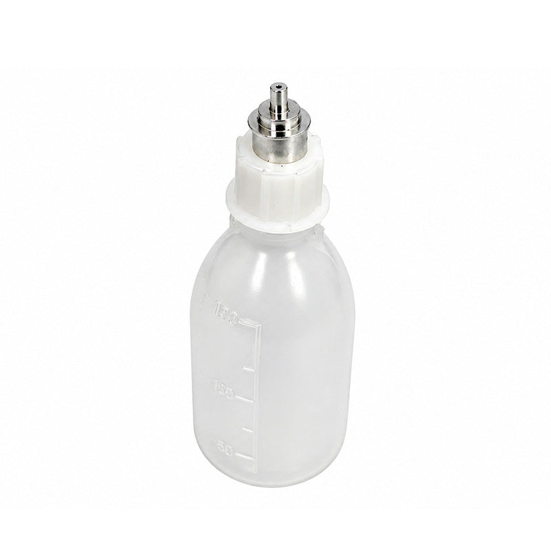 Leone Spray Flask for Powder 100ml used with Leone S.p.a orthodontic acrylics, shown with metal spray nozzle and clear plastic body.