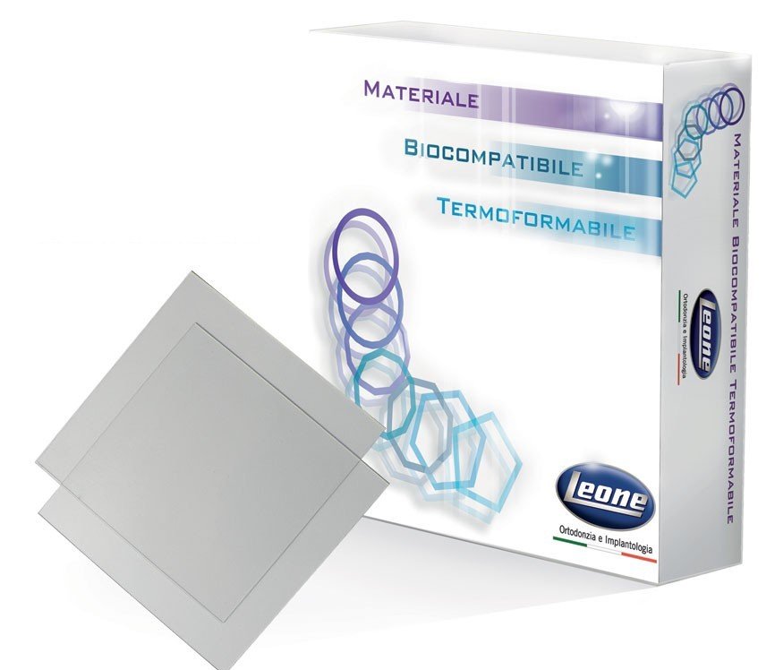 Leone s.p.a thermoplastic sheets in round 125mm and 0.5mm thick, shown in square and round shapes, packed in a 25-piece set.