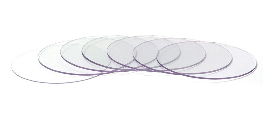 Leone s.p.a thermoplastic sheets, round 125mm and 0.5mm thick, displayed in a pack of 25 with square and round shapes.