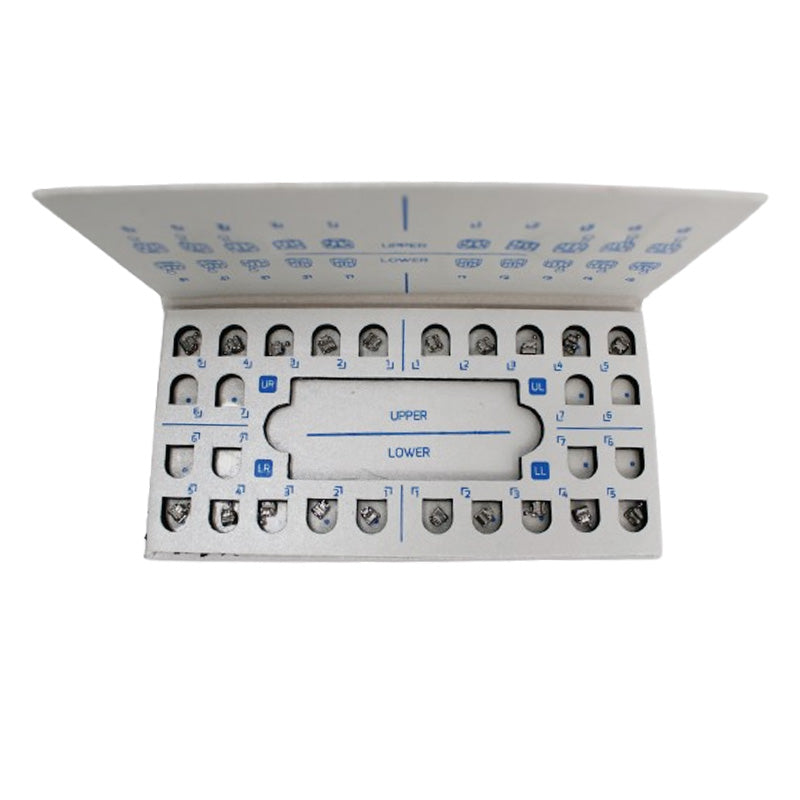 Leone F1000 Plus Passive Self-Ligating Brackets Kit for Damon 022 System, showcasing dental orthodontic brackets on a display tray.