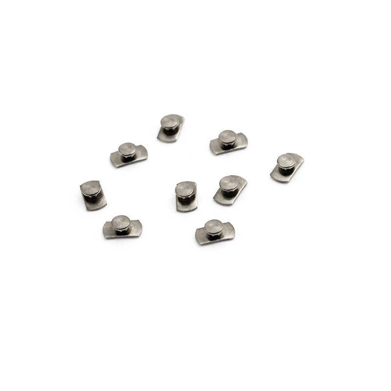 Leone S.p.A weldable lingual buttons curved for orthodontic use, shown in a close-up image of the dental appliance.