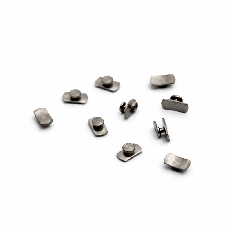 Leone S.p.a weldable lingual buttons with a curved design for orthodontic use, shown in a close-up image.