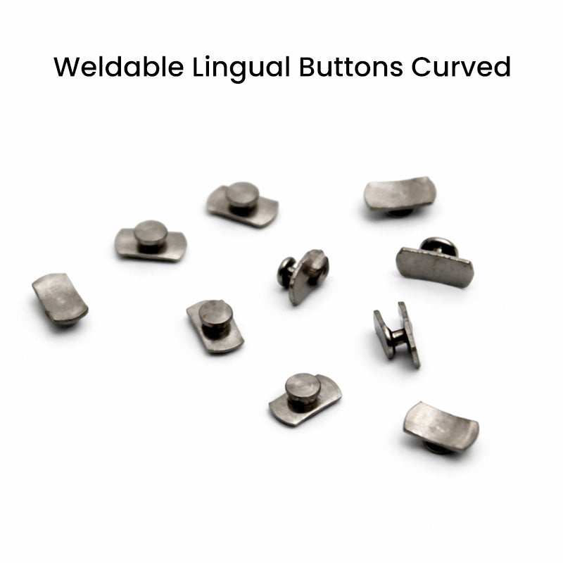 Leone s.p.a weldable lingual buttons, curved orthodontic brackets designed for lingual braces, shown in the image.