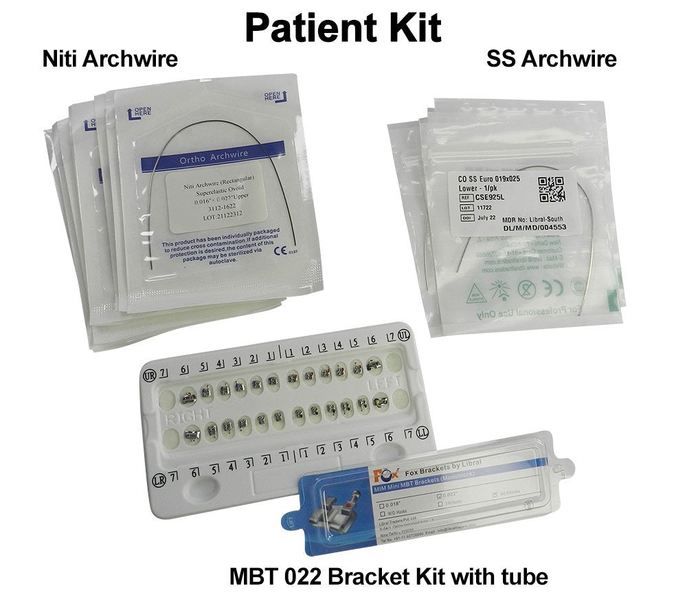 Libral Patient Kit for MBT 022 brackets, wires, and tubes, includes dental brackets and wire forms for orthodontic treatment.