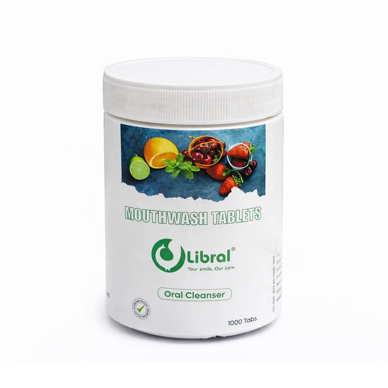 Jar of Libral® Strawberry Mouthwash Tablets containing 1000 pcs, showing the sealed container with tablets inside.