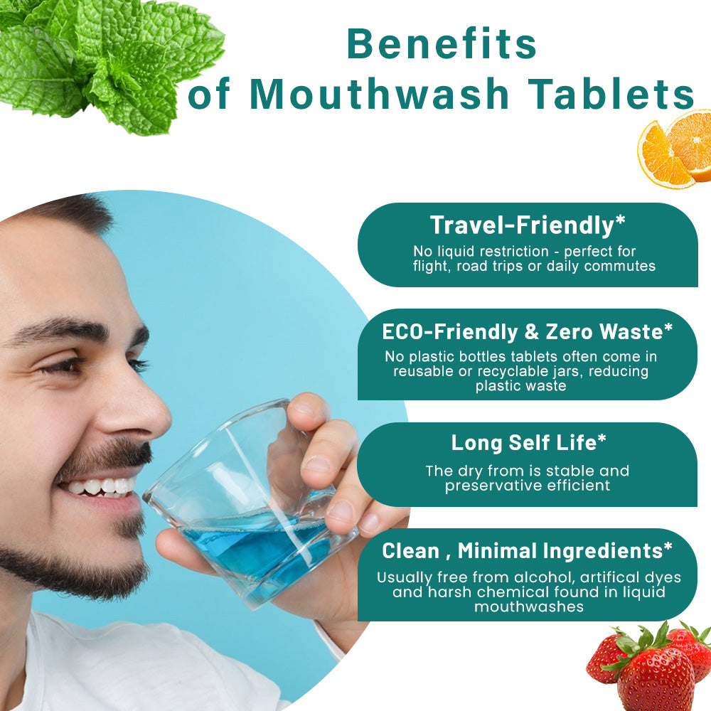 Jar of Libral ® strawberry mouthwash tablets, 1000 pieces, showing the packaging and tablets inside the jar.