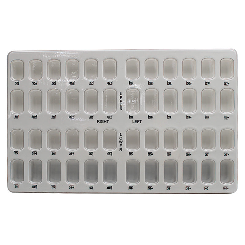 Empty Libral preformed molar bands box with inner tray for storing orthodontic bands, open with bands inside.