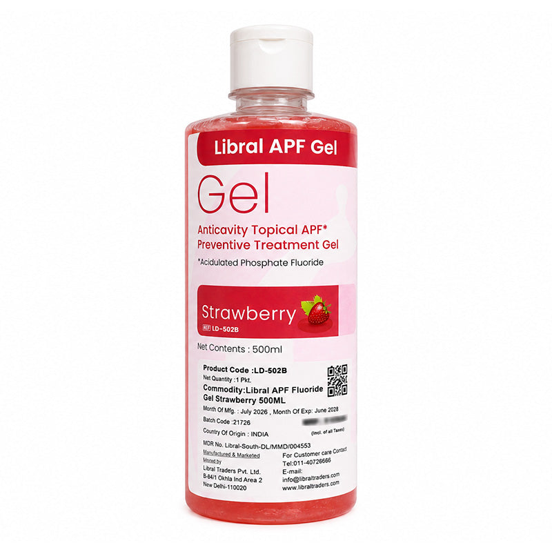 Libral APF Fluoride Gel 1.23% in orange 100ml tube, used for preventive dentistry and caries prevention.