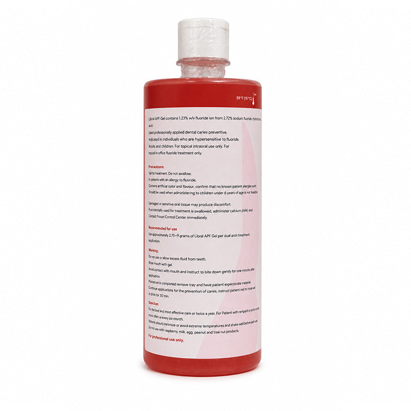 Libral APF Fluoride Gel 1.23% for caries prevention, orange-colored preventive dentistry gel in a 100ml tube.