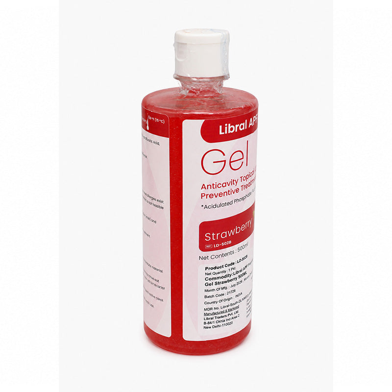 Libral APF Fluoride Gel 1.23% for caries prevention, orange-colored preventive dentistry gel in a 100ml tube.