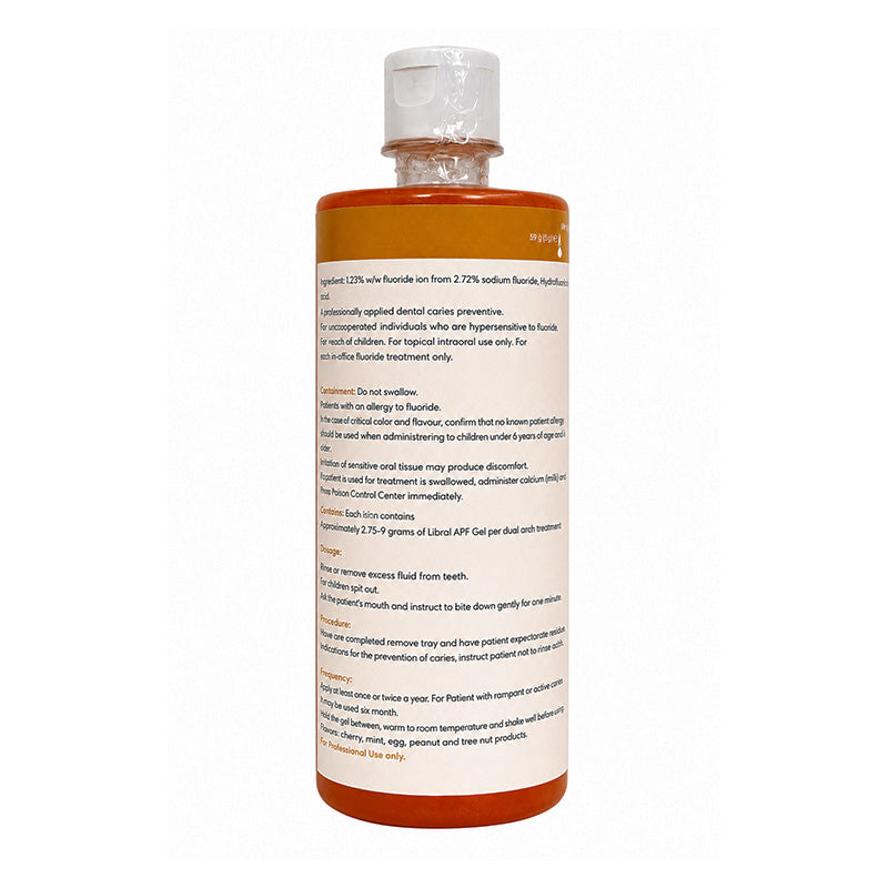 Libral APF Fluoride Gel 1.23% for caries prevention in a 100ml tube, used in preventive dentistry, orange packaging.