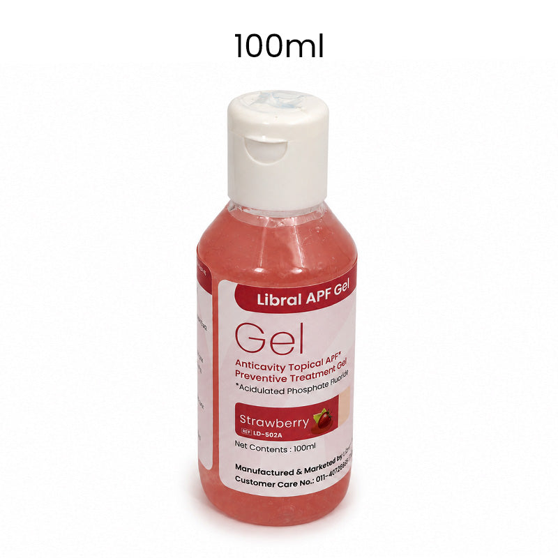 Libral APF Fluoride Gel 1.23% for caries prevention, in orange 100ml tube, used in preventive dentistry.