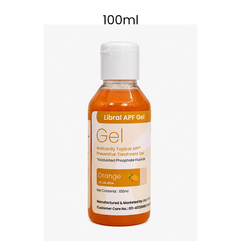 Libral APF Fluoride Gel 1.23% for caries prevention in a 100ml tube, used in preventive dentistry.