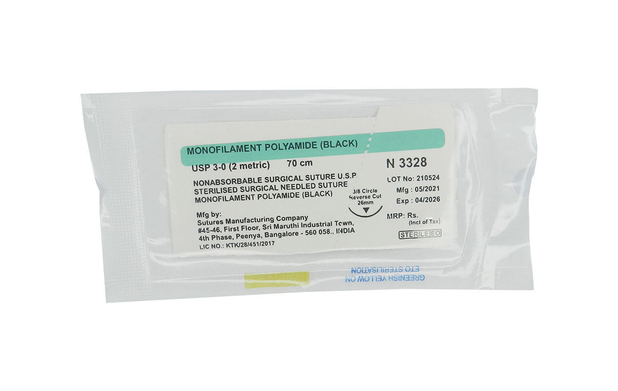 LIFELINE Life Monofilament Polyamide Sterile Needled Suture N3328, displaying a sterile surgical suture with needle for medical use.