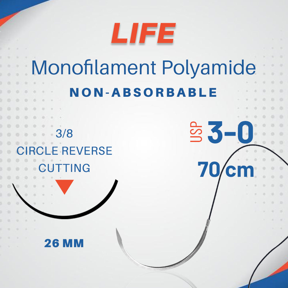 LIFELINE sterile monofilament polyamide needle suture N3328 with needle for surgical stitching, shown in close-up.